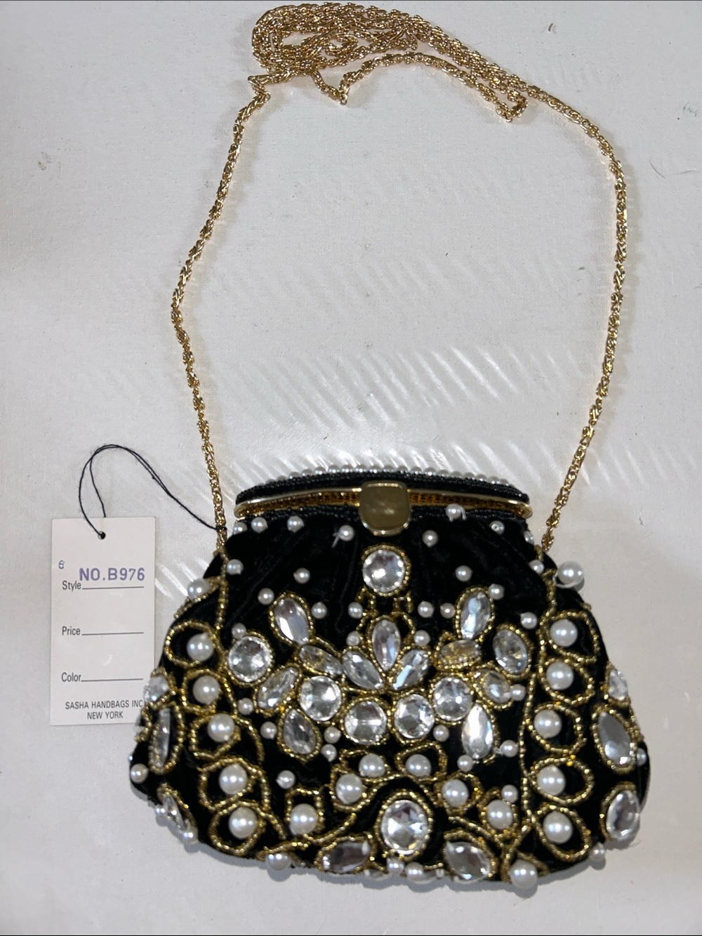 NWT Vintage 80s 90s Sasha New York Velvet Beaded Rhinestone Pearl Evening Clutch